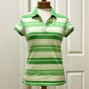 Gap Women’s Green Striped Cap Sleeve Stretch Pique Polo Shirt - M